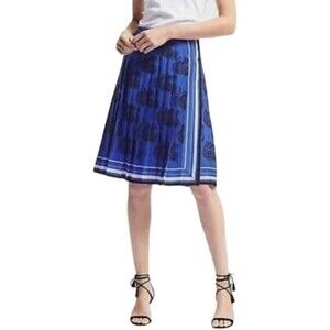 BANANA REPUBLIC Blue Pleated Paisley Skirt Women 12 Faux Wrap Border Above Knee